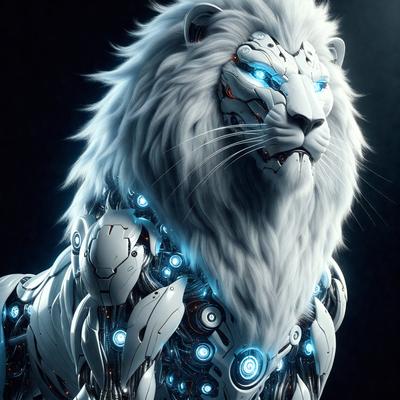 The primary subject of the image is a lion with a mechanical or robotic appearance. The lion is the main focus of the image, and it is set against a dark background. The visual style of the image is digital art or illustration, giving it a futuristic and technological feel. The dominant colors in the image are blue and white, which contribute to the overall mood of the scene.